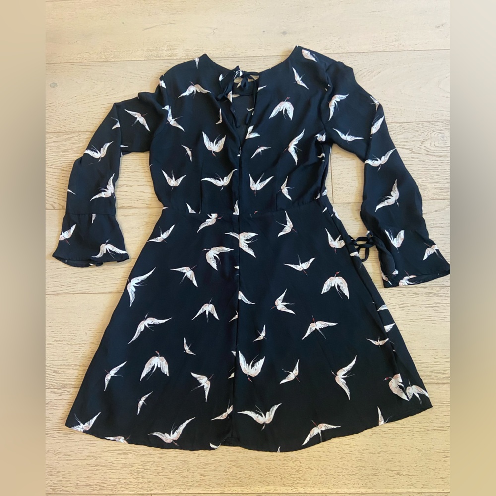 Black Fit & Flare Mini Dress Bird Print Medium Square Neck Feminine Summer - Picture 3 of 8